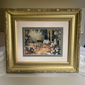 Beautiful Garden Scene Flowers. Bistro Seating, Framed By Michael’s Art Print